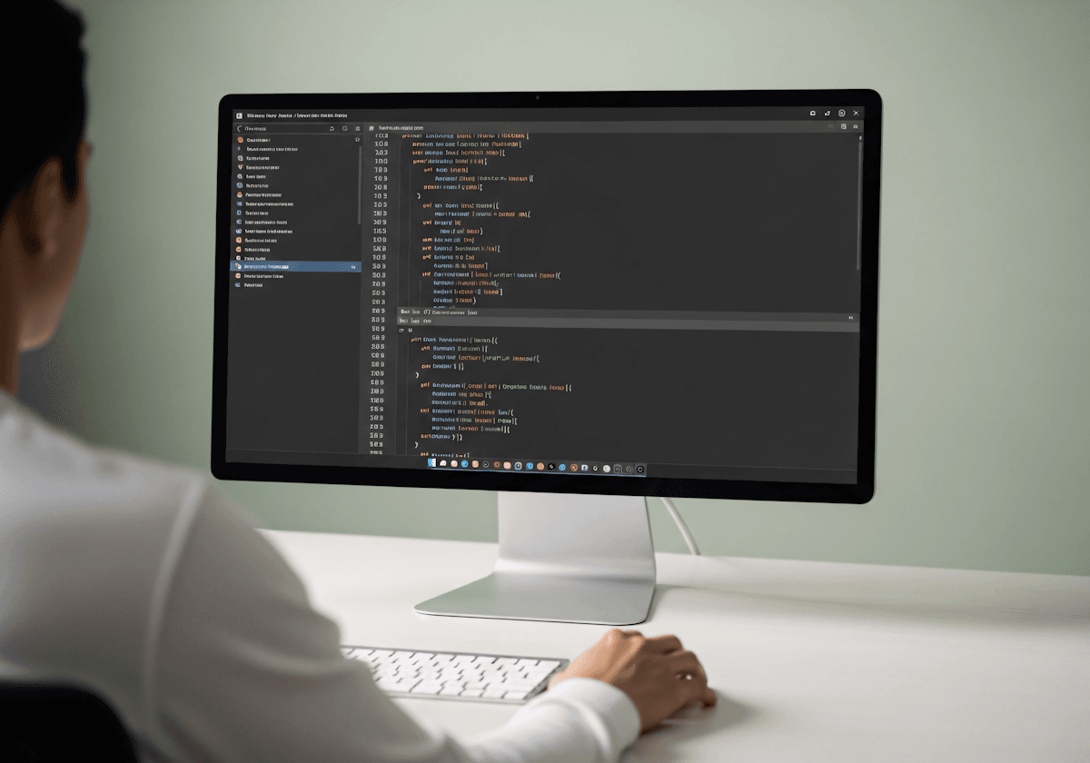 A developer working at a widescreen monitor with code open